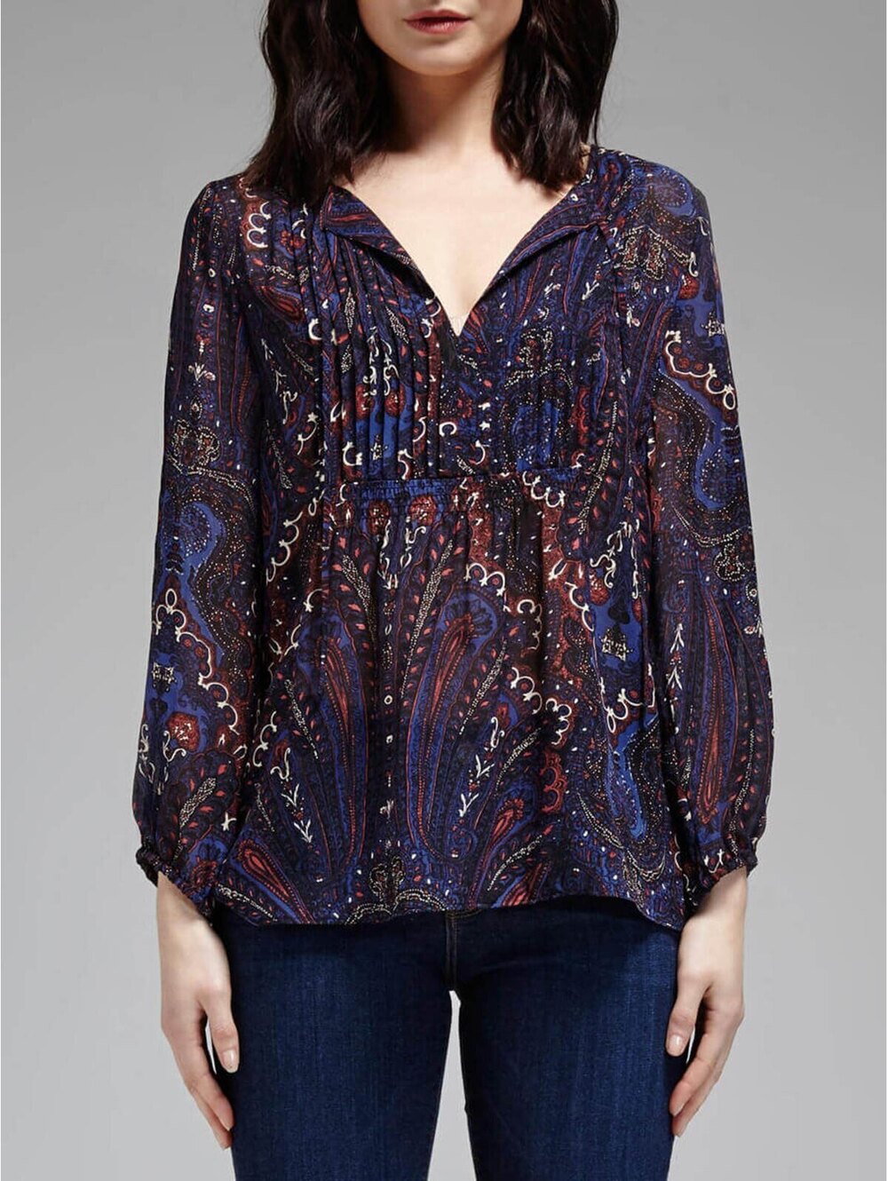 Joie Vandrea Paisley Sheer Silk Peasant Blouse Deep Sapphire Size S